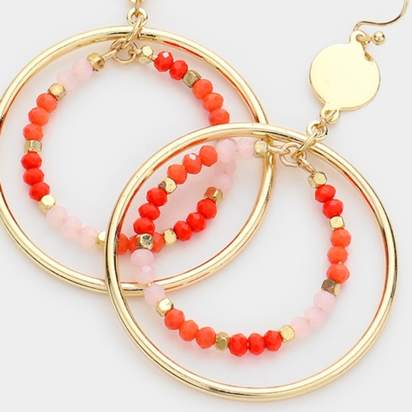 Orange Beaded Faceted Drop Hoop Dangle Earrings Fashion Statement Accessories - Picture 2 of 2